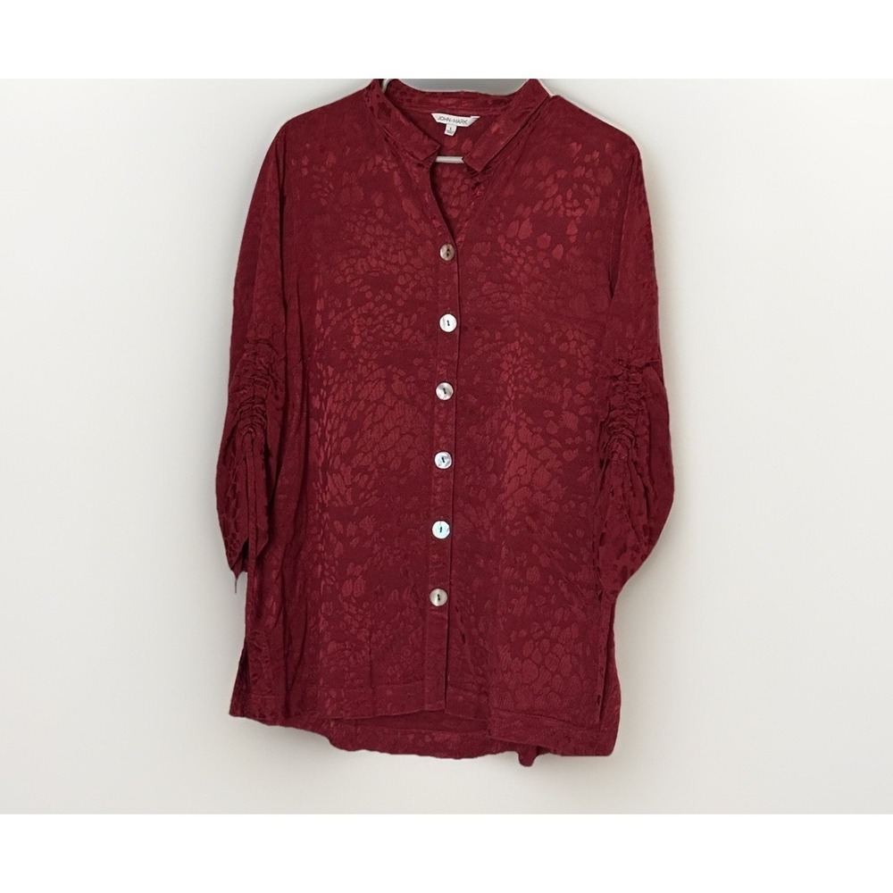 John Mark Blouse L Red Textured Button Front 3/4‎ Sleeve Boho Lagenlook Top